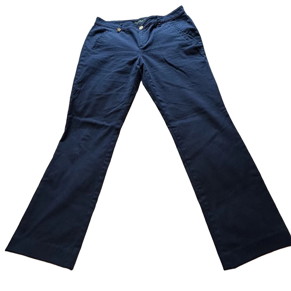 Lauren Ralph Lauren Stretch Twill Pants Navy Blue Trousers Gold Button Size 10